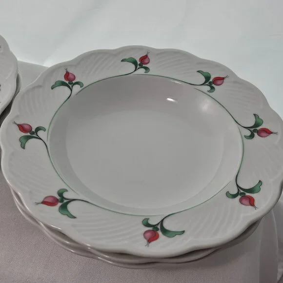 Dansk Rosebud Soup Bowls 9" scallop textured large rim floral romantic set/6